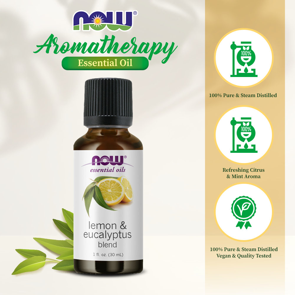 NOW FOODS Essential Oils, Lemon &amp; Eucalyptus Oil Blend, Invigorating Aromatherapy Scent, Blend of Pure Lemon Oil and Pure Eucalyptus Oil, 1-Ounce (30 ml) Essential oils NOW Foods USA