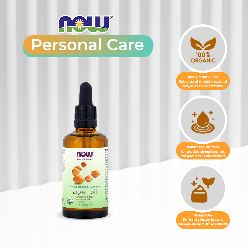 NOW Solutions, Organic Argan Oil, Certified Organic and 100% Pure, &quot;Gold of Morocco&quot; Multi-Purpose Oil, 2-Ounce (59ml)