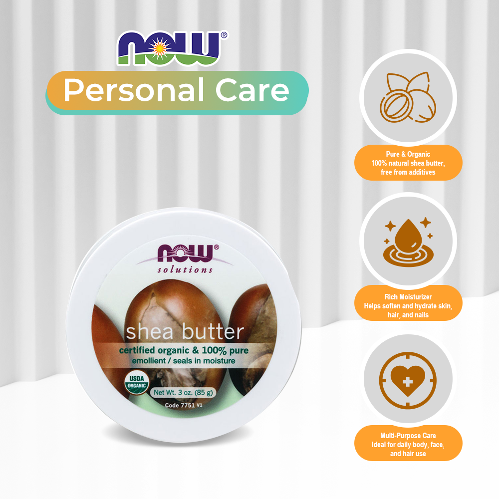 NOW Solutions, Certified Organic Shea Butter, Moisturizer For Rough And Dry Skin, Travel Size, 3-Ounce (85g)