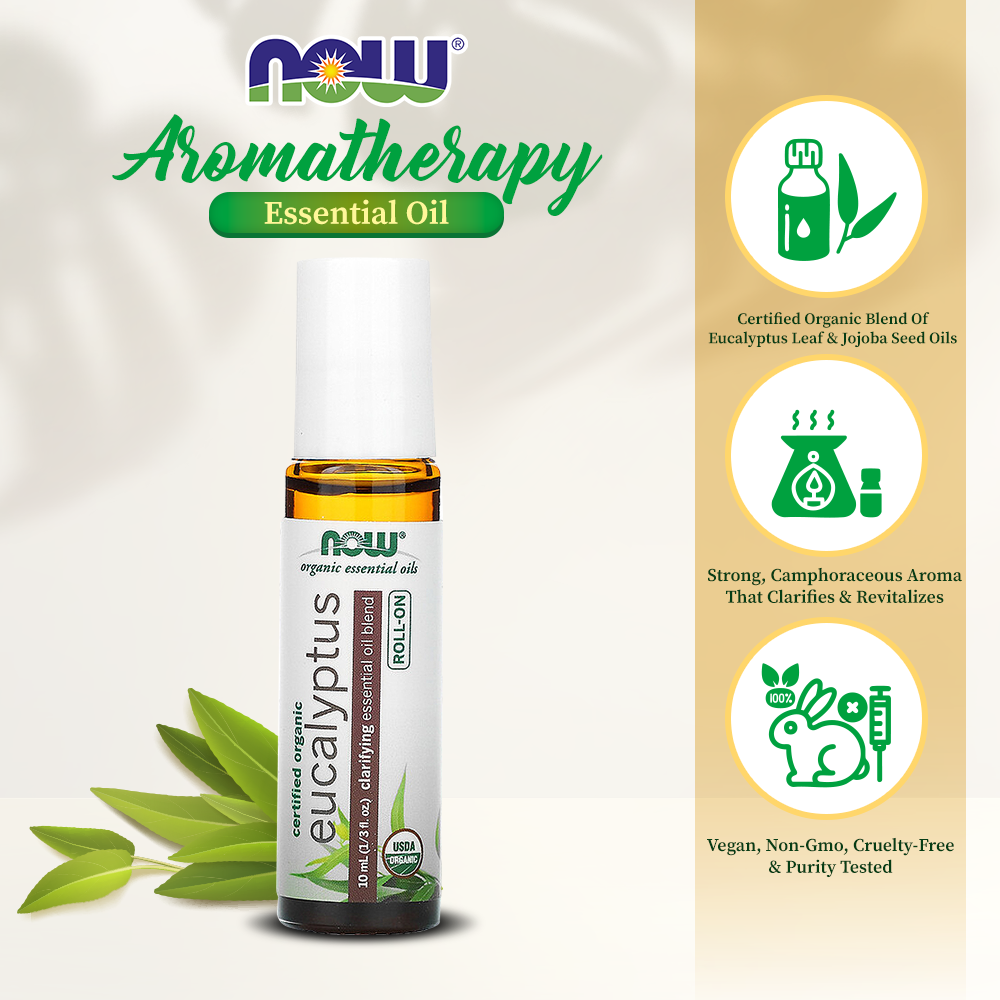 NOW Eucalyptus Roll-On, Certified Organic, Clarifying Blend, Steam Distilled, Topical Aromatherapy, 10-mL Essential oils NOW Foods USA