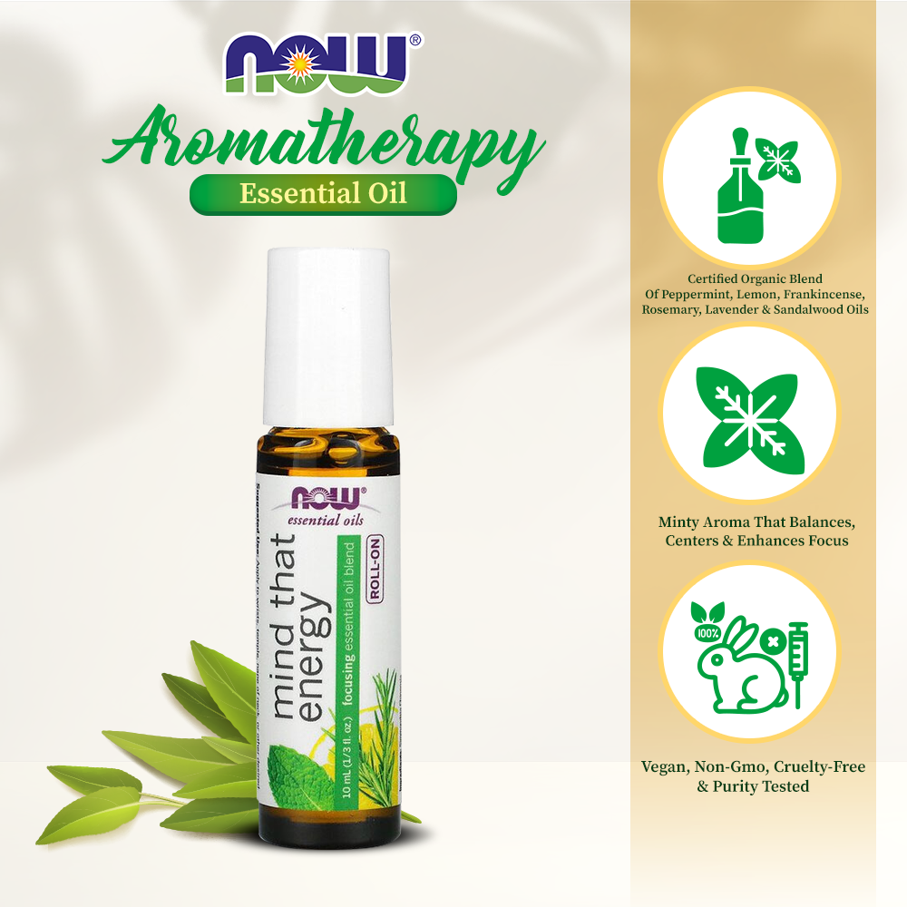 NOW Essential Oils, Mind That Energy Roll On, Non-GMO Project Verified, Focusing Blend, Steam Distilled, Topical Aromatherapy, 10-mL Essential oils NOW Foods USA