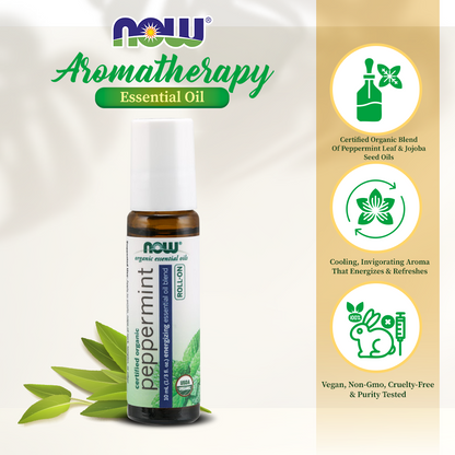 NOW Essential Oils, Peppermint Roll-On, Certified Organic, Energizing Blend, Steam Distilled, Topical Aromatherapy, 10-mL Essential oils NOW Foods USA