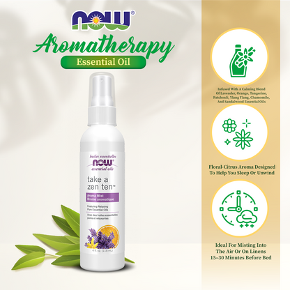 NOW Essential Oils, Take A Zen Ten™ Aroma Mist Featuring Relaxing Pure Essential Oils 4oz (118ml) Essential oils NOW Foods USA