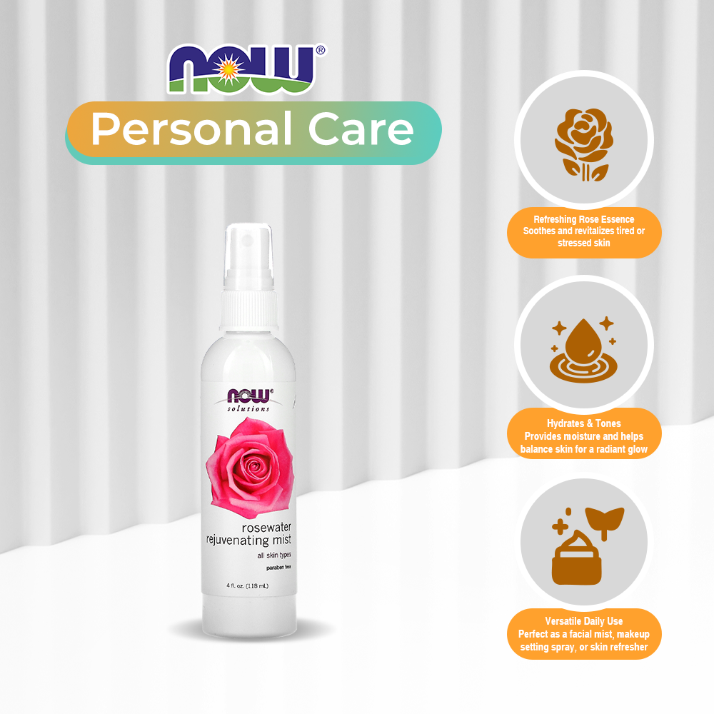 NOW Solutions Rosewater Rejuvenating Mist, Hydration and Rejuvenation Spray for All Skin and Hair Types, 4 fl oz (118 ml)
