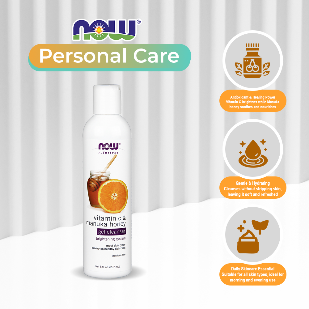 NOW Solutions, Vitamin C and Manuka Honey Gel Cleanser, Brightening System, Promotes Healthy-Looking Skin,, 8 fl oz (237 ml)