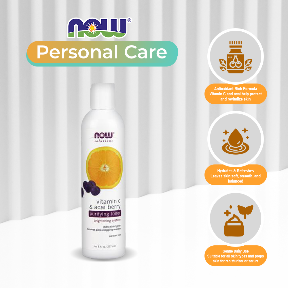 NOW Solutions, Vitamin C and Acai Berry Purifying Toner, Brightening System, Removes Pore-Clogging Residue, 8 fl oz (237 ml)