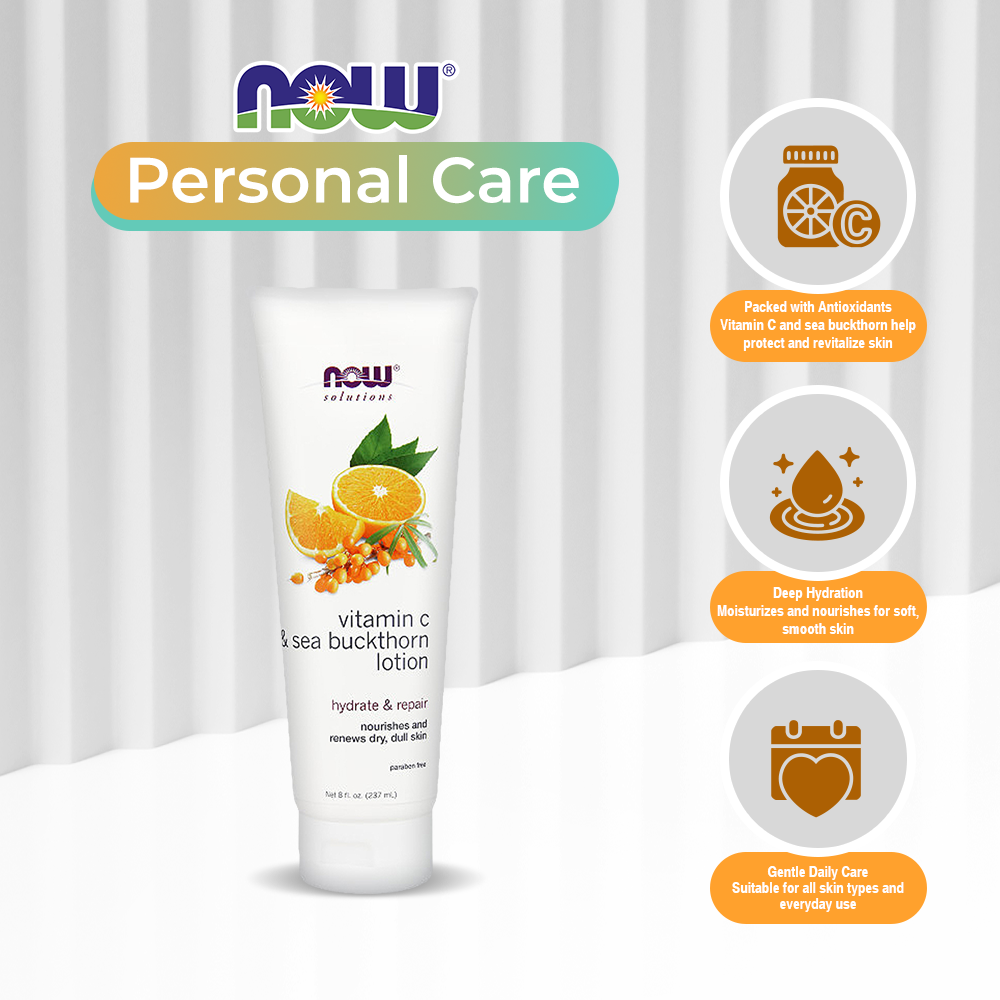 NOW Solutions, Vitamin C and Sea Buckthorn Lotion, Hydrates, Repairs and Nourishes Dry Dull Skin, 8-Ounce (237 ml)