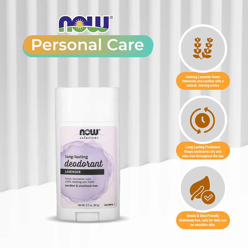 NOW Solutions, Deodorant Stick, Long Lasting, Refreshing Lavender Scent, Odor Eliminating for Underarms and Feet, Paraben / Propylene Glycol Free, No Artificial Colors or Fragrances, 2.2-Ounce (62 g)