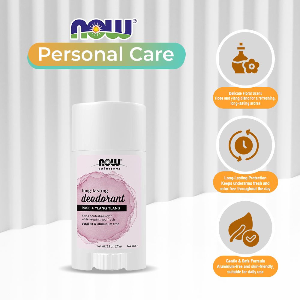 NOW Solutions, Long-Lasting Deodorant Stick, Rose and Ylang Ylang Scent, Odor Neutralizing and Keeps You Fresh, 2.2-Ounce (62 g)