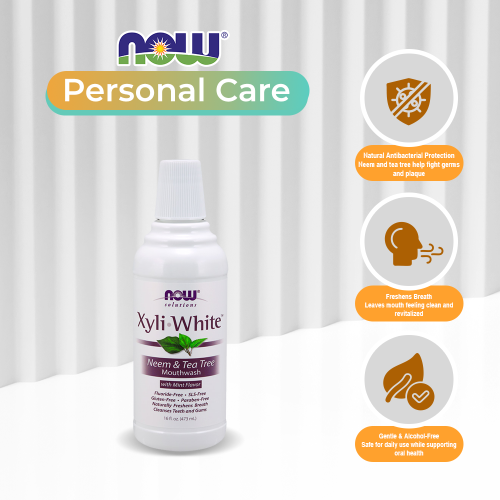 NOW Solutions, Xyliwhite™ Mouthwash, Neem and Tea Tree Flavor, Naturally Freshens Breath, Cleanses Teeth and Gums, 16-Ounce (473ml)