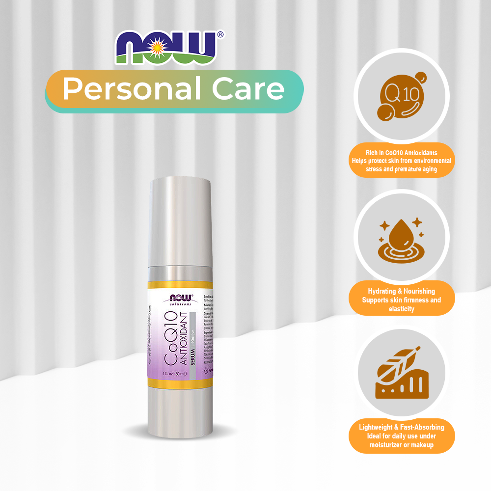NOW Solutions, CoQ10 Antioxidant Serum, with Clinically Tested REVINAGE™ for Collagen Support, Visible Firming, 1-Ounce (30 ml)