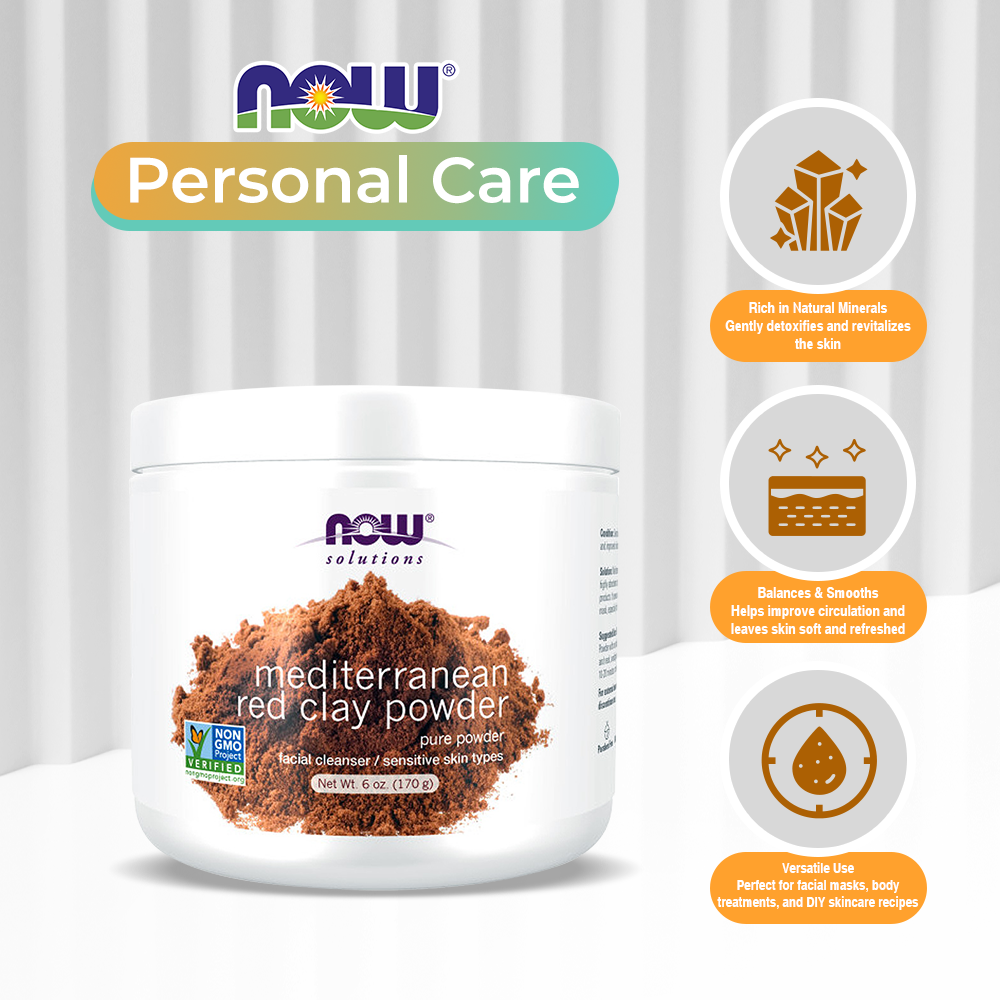 NOW Solutions, Mediterranean Red Clay Powder, Pure Powder for Sensitive Skin Facial Mask, 6-Ounce (170 g)