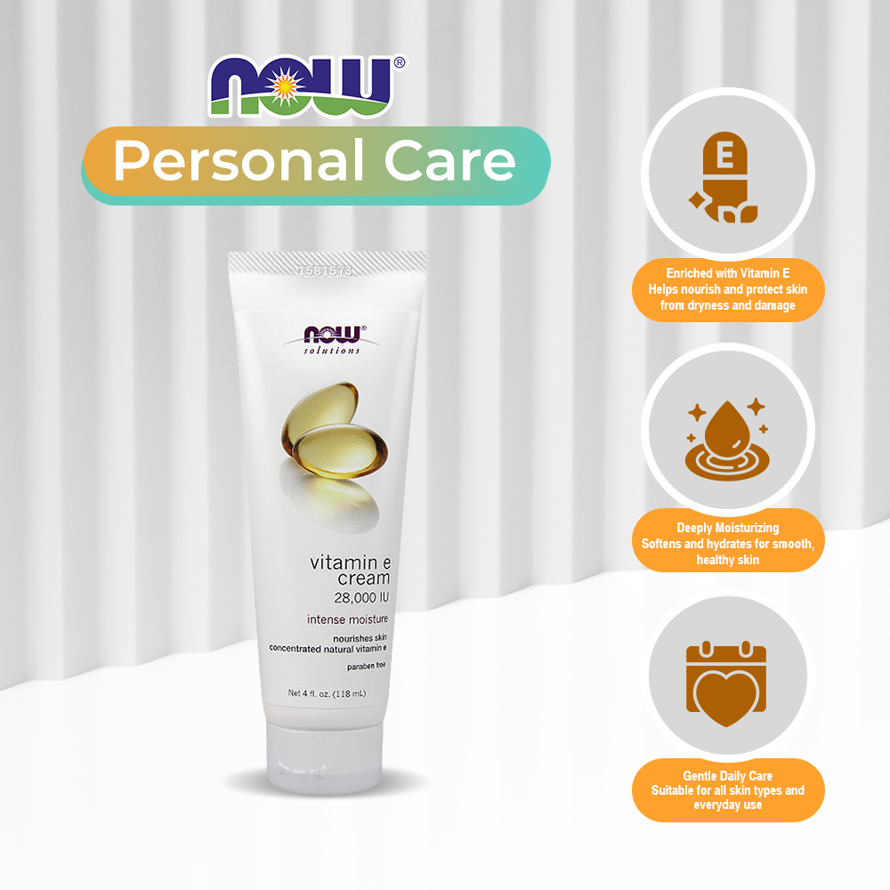 NOW Solutions, Vitamin E Cream 28,000 IU, Intense Moisture, Concentrated Vitamin E, 4-Ounce (118 ml)