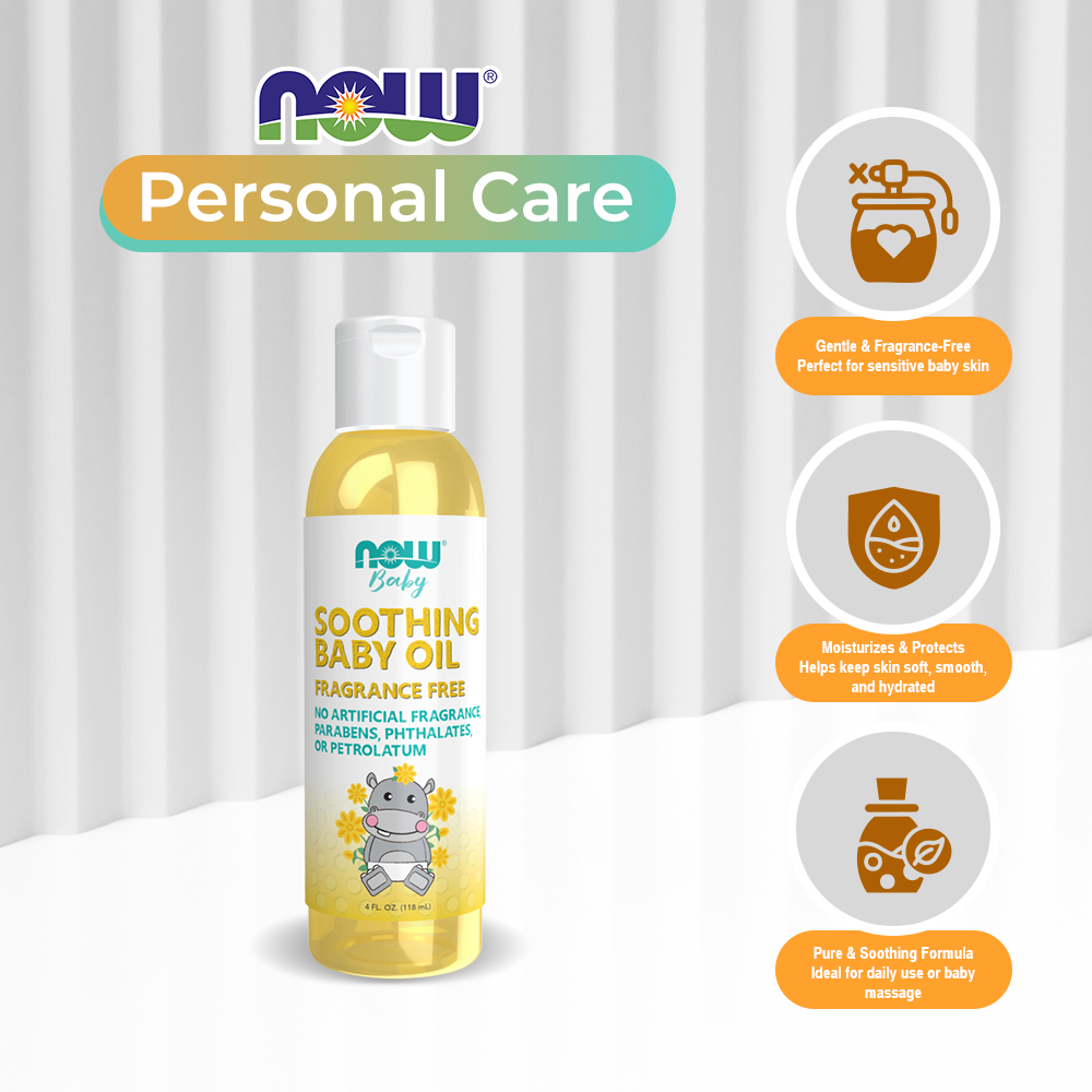 NOW Baby, Soothing Baby Oil, Fragrance Free, No Artificial Fragrance, Parabens, Phthalates, or Petrolatum, 4-Ounce