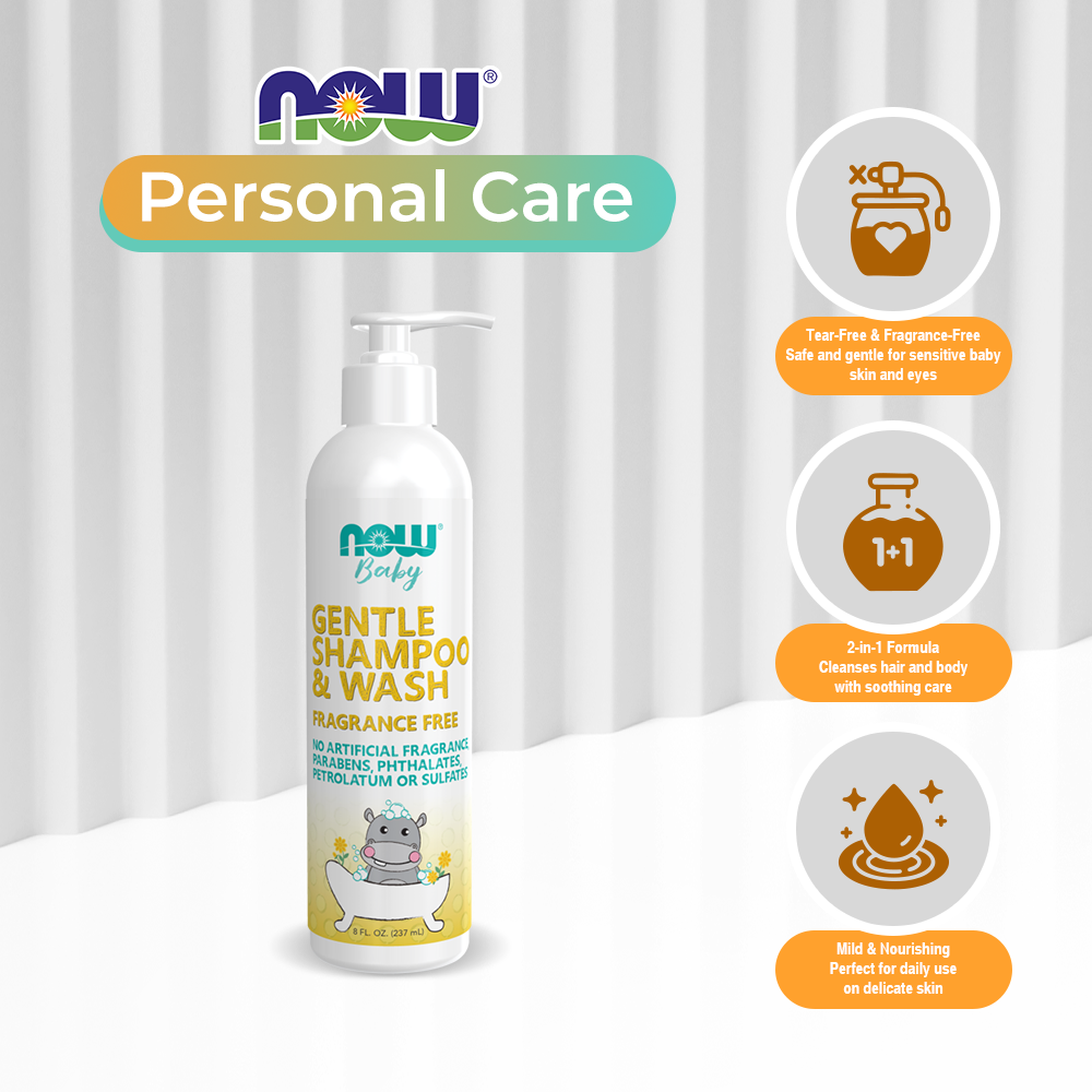 NOW Baby, Gentle Shampoo &amp; Wash, Fragrance Free with No Artificial Fragrance, Parabens, Phthalates, Petrolatum or Sulfates, 8-Ounce (237ml)