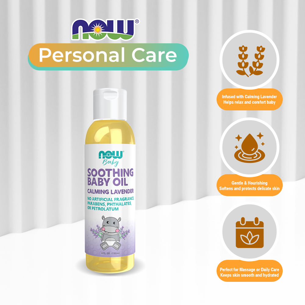 NOW Baby, Soothing Baby Oil, Calming Lavender, No Artificial Fragrance, Parabens, Phthalates, or Petrolatum, 4-Ounce (118ml)