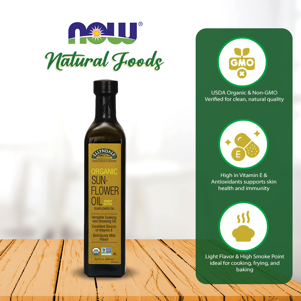 NOW Foods, Certified Organic Sunflower Oil, Tested for Purity, Versatile, Excellent Source of Vitamin E, Deliciously Mild Flavor, (500ml) Natural Foods NOW Foods USA