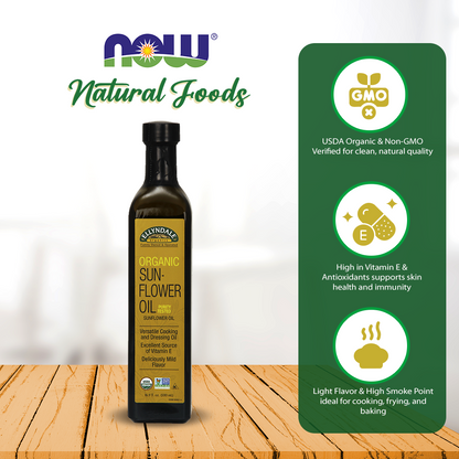 NOW Foods, Certified Organic Sunflower Oil, Tested for Purity, Versatile, Excellent Source of Vitamin E, Deliciously Mild Flavor, (500ml) Natural Foods NOW Foods USA