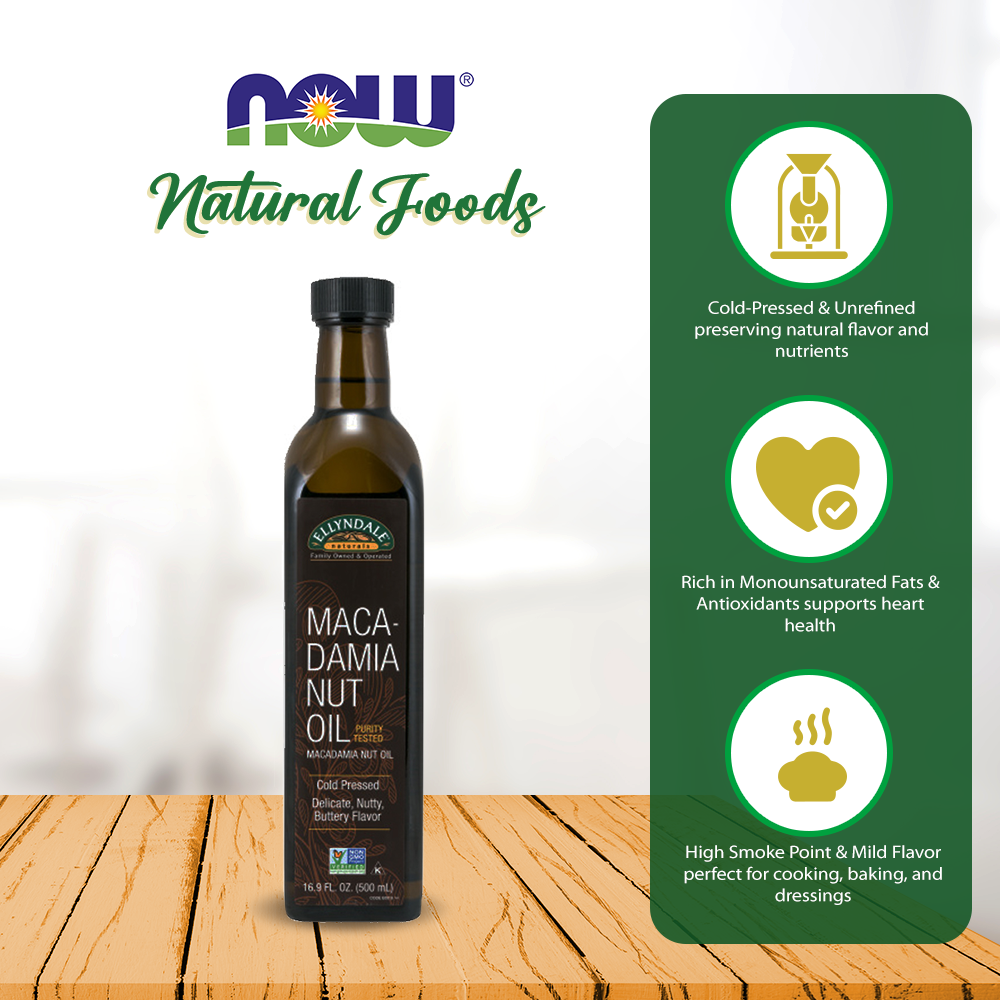 NOW Foods, Macadamina Nut Cooking Oil in Glass Bottle, Purity Tested, Cold Pressed, Delicate Nutty, Buttery Flavor, 16.9-Ounce (500ml) Natural Foods NOW Foods USA