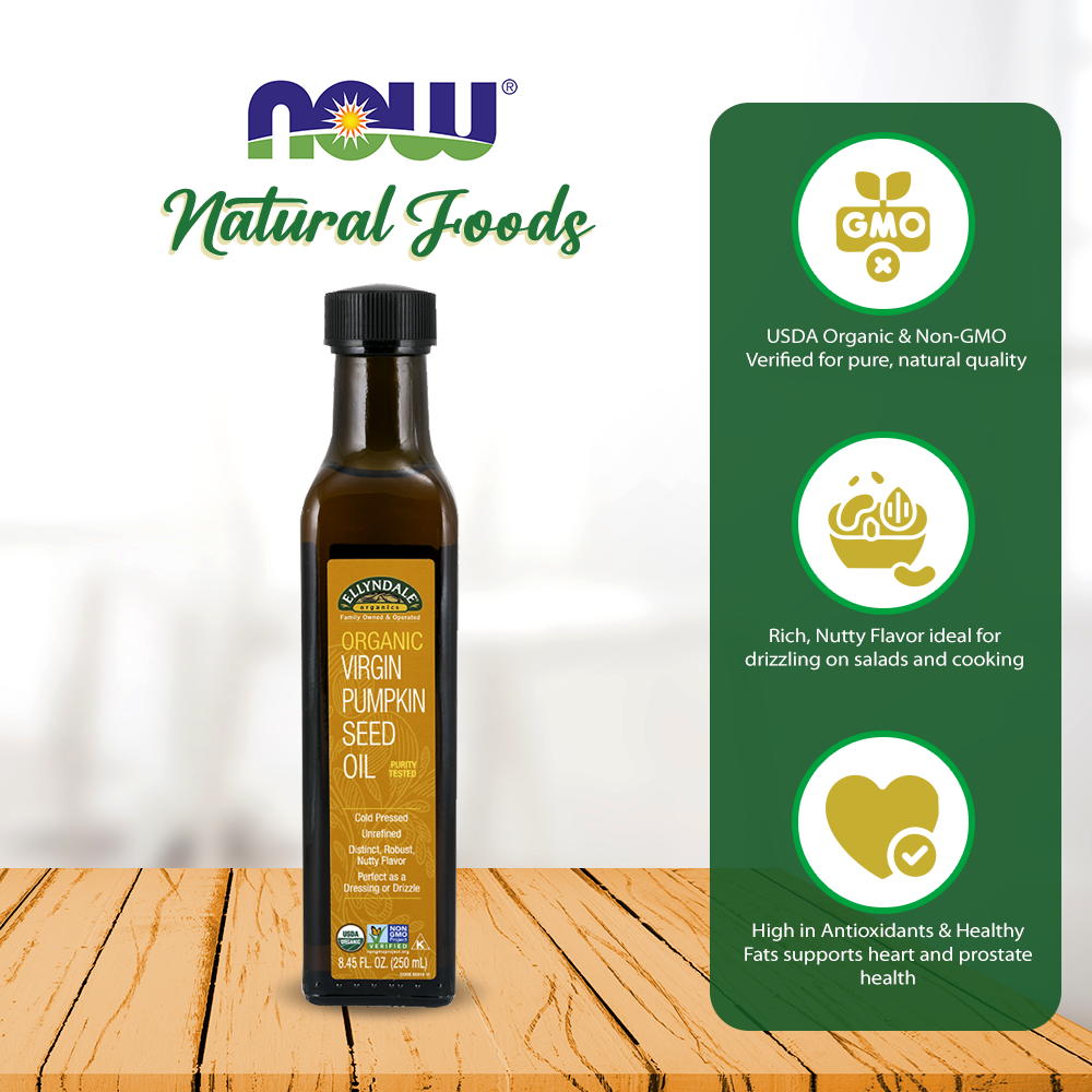 NOW Foods, Organic Virgin Pumpkin Seed Oil, Cold-Pressed, Unrefined, Distinct Robust, Nutty Flavor, Certified Non-GMO, 8.45-Ounce (250ml) Natural Foods NOW Foods USA