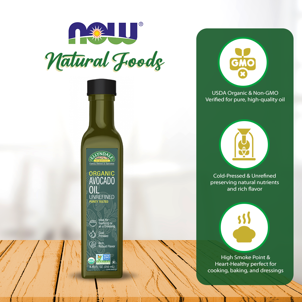 NOW Foods EllynDale Avocado Cooking Oil, Organic in Glass Bottle, 8.45 fl. oz (250ml) Natural foods NOW Foods USA