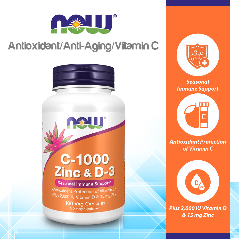 NOW Supplements, C-1000 Zinc & D-3, Seasonal Immune Support, 100 Veg Capsules Vitamins & Supplements NOW Foods USA