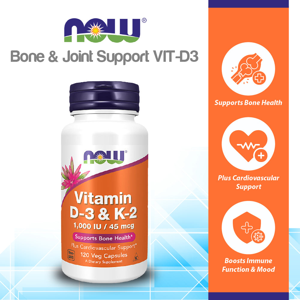 NOW Supplements, Vitamin D-3 & K-2, 1,000 IU/45 mcg, Plus Cardiovascular Support, Supports Bone Health, 120 Veg Capsules Vitamins & Supplements NOW Foods USA