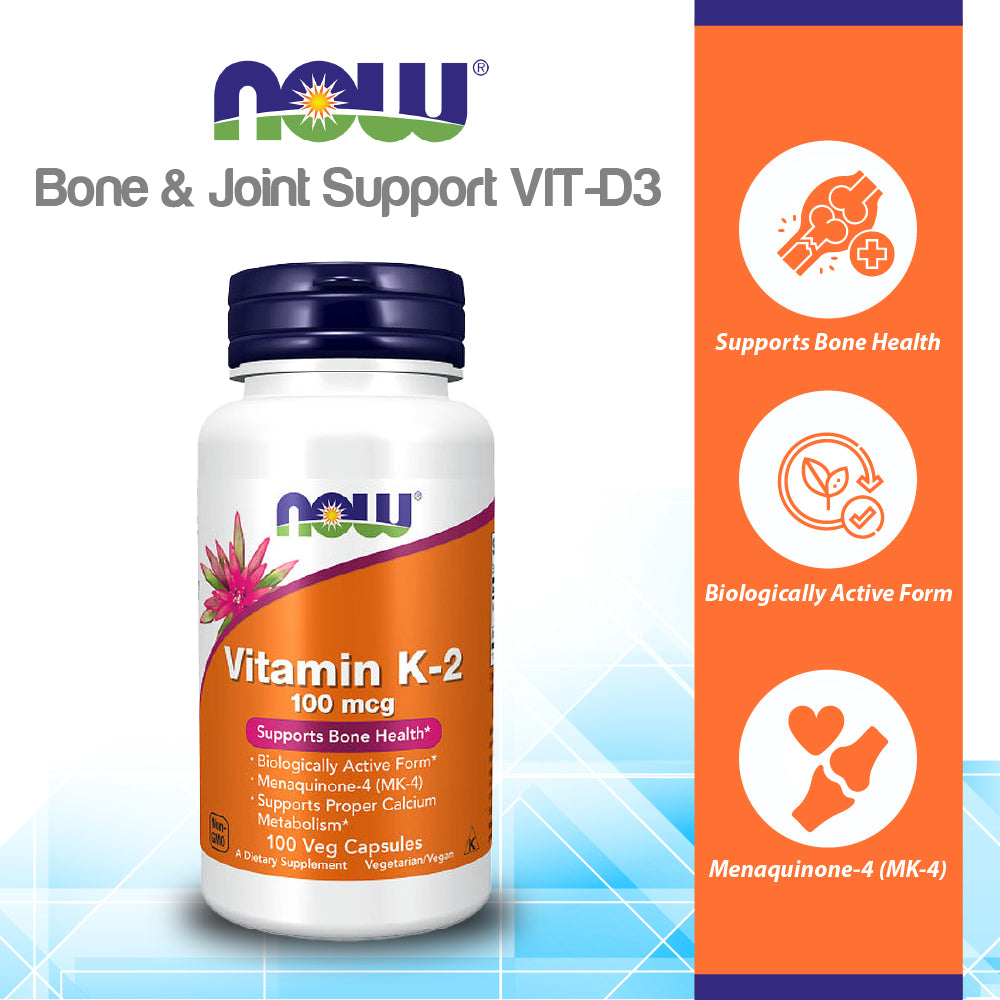 NOW Supplements, Vitamin K-2 100 mcg, Menaquinone-4 (MK-4), Supports Bone Health*, 100 Veg Capsules Vitamins & Supplements NOW Foods USA