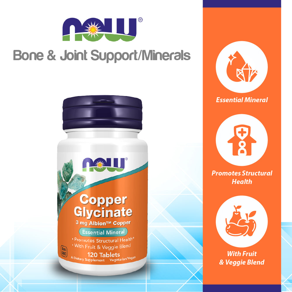 Now Foods Copper Glycinate With 3mg Albion Copper, Promotes Structural Health, 120 Tablets Vitamins &amp; Supplements NOW Foods USA