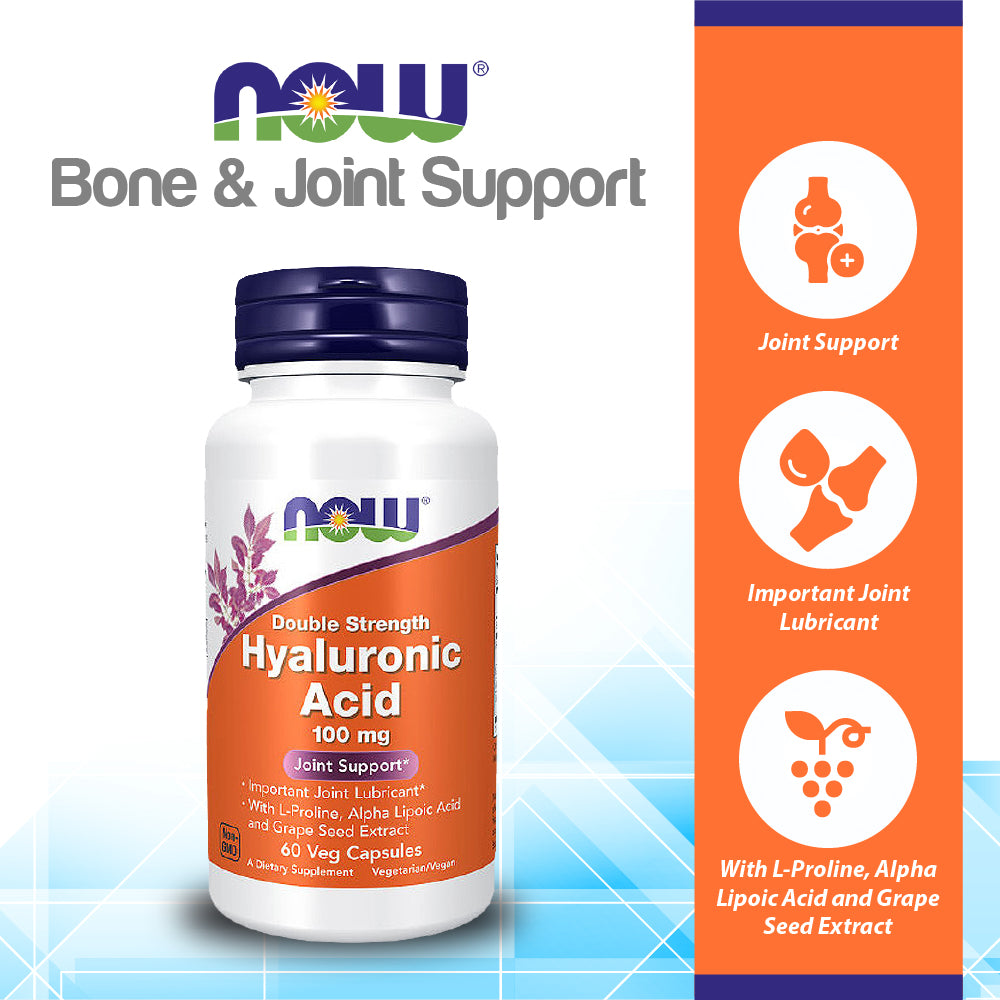 NOW Supplements, Hyaluronic Acid 100 mg, Double Strength with L-Proline, Alpha Lipoic Acid and Grape Seed Extract, 60 Veg Capsules Vitamins & Supplements NOW Foods USA