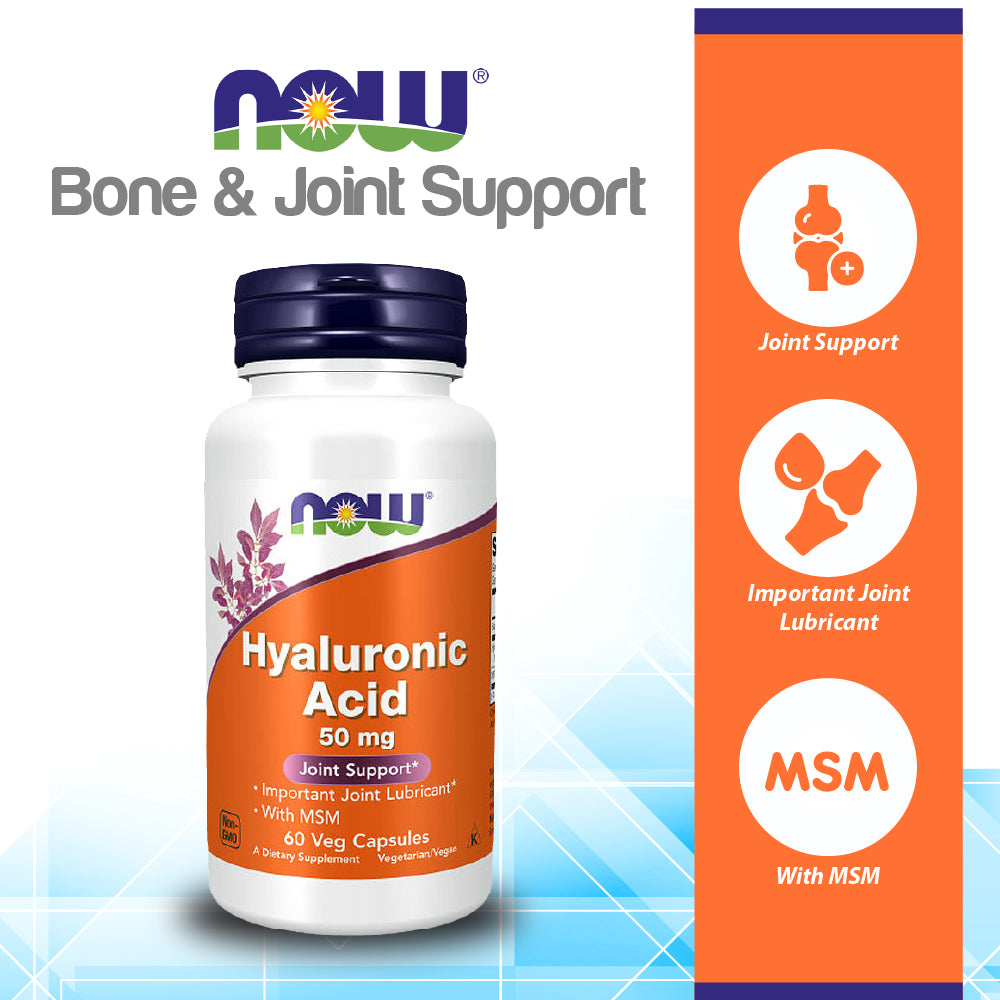 NOW Supplements, Hyaluronic Acid 50 mg with MSM, Joint Support*, 60 Veg Capsules Vitamins &amp; Supplements NOW Foods USA