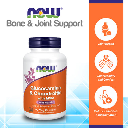 NOW Supplements, Glucosamine &amp; Chondroitin with MSM, Joint Health, Mobility and Comfort*, 90 Veg Capsules Vitamins &amp; Supplements NOW Foods USA