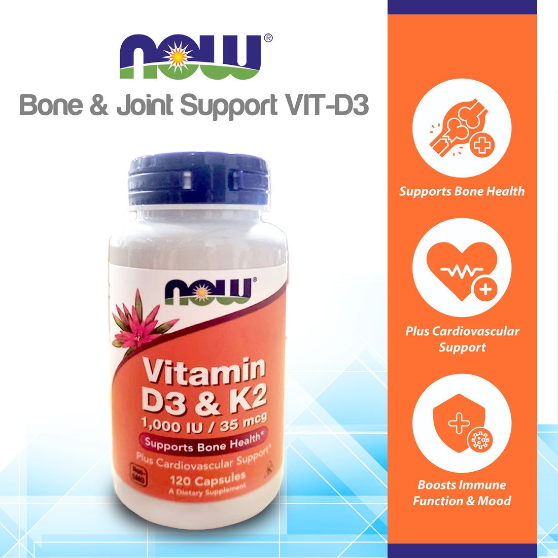 NOW Supplements, Vitamin D-3 &amp; K-2, 1,000 IU/35 mcg, Plus Cardiovascular Support, Supports Bone Health, 120 Veg Capsules