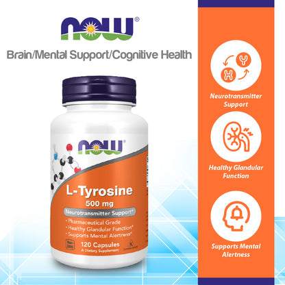 NOW Supplements, L-Tyrosine 500 mg, Supports Mental Alertness*, Neurotransmitter Support*, 120 Capsules Vitamins &amp; Supplements NOW Foods USA