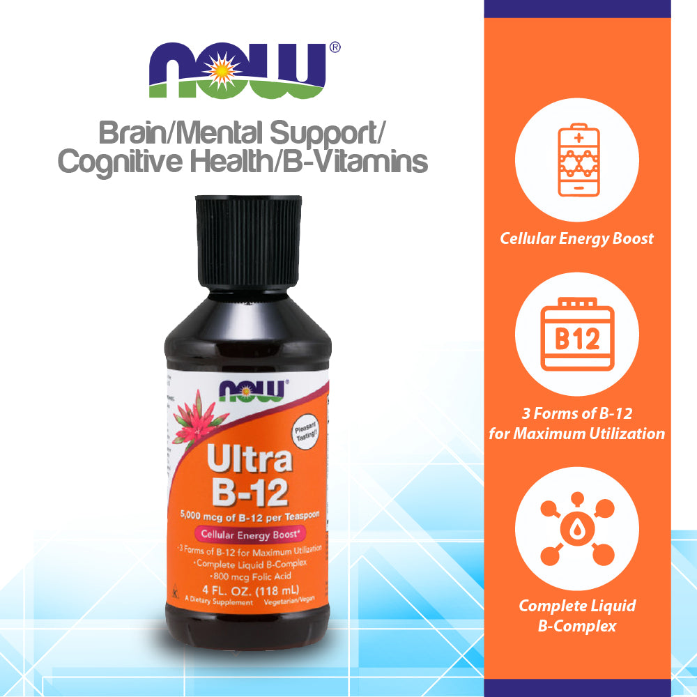 NOW Supplements, Ultra B-12, Liquid, 800 mcg Folic Acid, Cellular Energy Production*, 4-Ounce (118 ml) Vitamins & Supplements NOW Foods USA