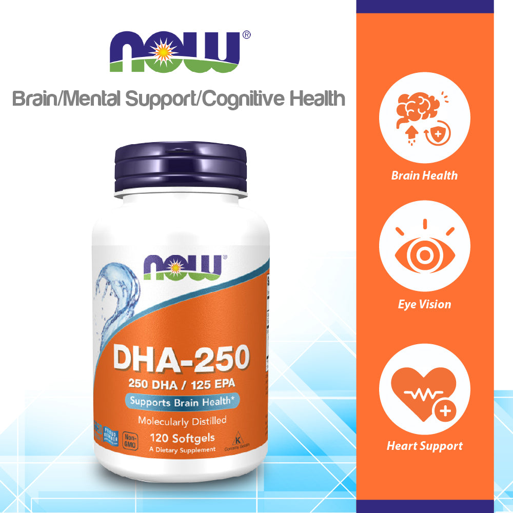 NOW Supplements, DHA-250 with 125 EPA, Molecularly Distilled, Supports Brain Health*, 120 Softgels Vitamins & Supplements NOW Foods USA
