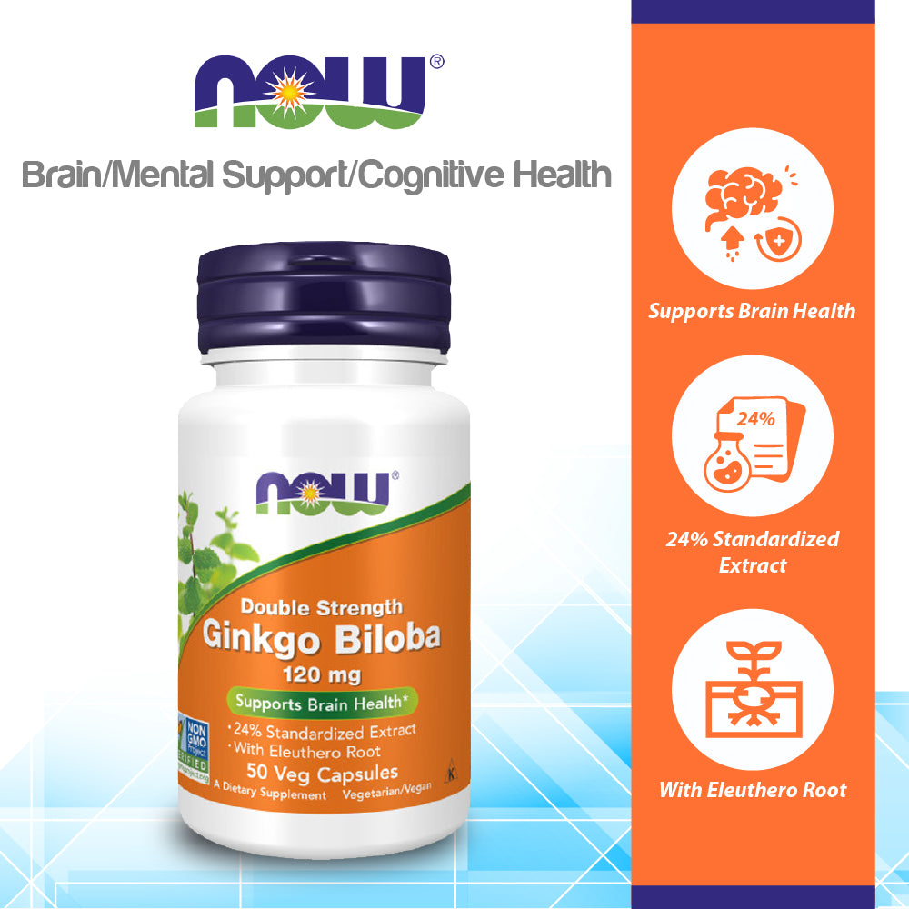 NOW Supplements, Ginkgo Biloba 120 mg, Double Strength, Non-GMO Project Verified, 50 Veg Capsules Vitamins & Supplements NOW Foods USA