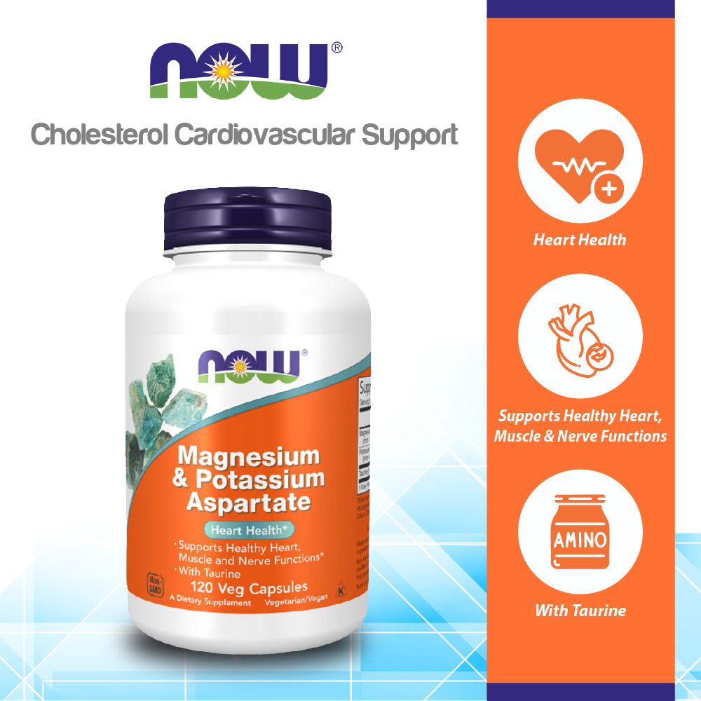 NOW Supplements, Magnesium &amp; Potassium Aspartate with Taurine, Heart Health*, 120 Veg Capsules Vitamins &amp; Supplements NOW Foods USA