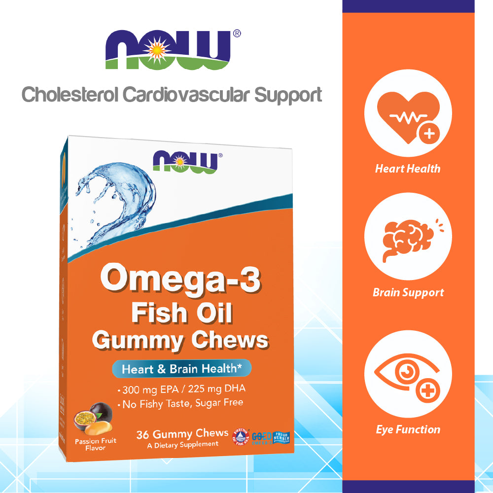 NOW Supplements, Omega-3 Fish Oil, 300 mg EPA / 225 mg DHA, 36 Gummy Chews Vitamins &amp; Supplements NOW Foods USA