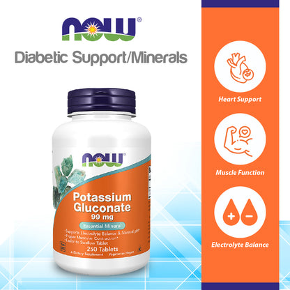 NOW Supplements, Potassium Gluconate 99mg, Easier to Swallow, Essential Mineral*, 250 Tablets Vitamins &amp; Supplements NOW Foods USA