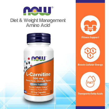 NOW FOODS Supplements, L-Carnitine 500mg, Purest Form, Amino Acid, Fitness Support*, 60 Veg Capsules Vitamins &amp; Supplements NOW Foods USA