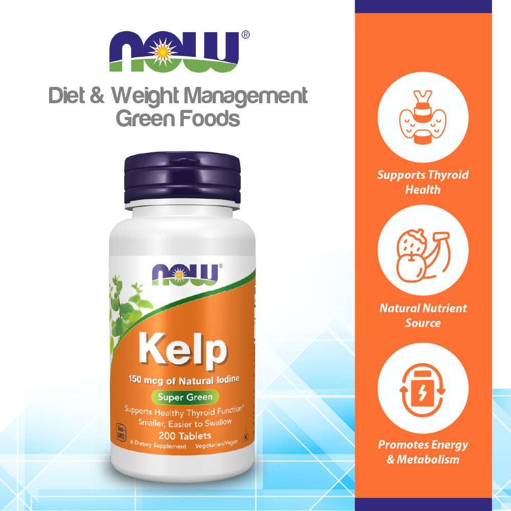 NOW Supplements, Kelp 150 mcg of Natural Iodine, Easier to Swallow Tablet, Super Green, 200 Tablets Vitamins &amp; Supplements NOW Foods USA