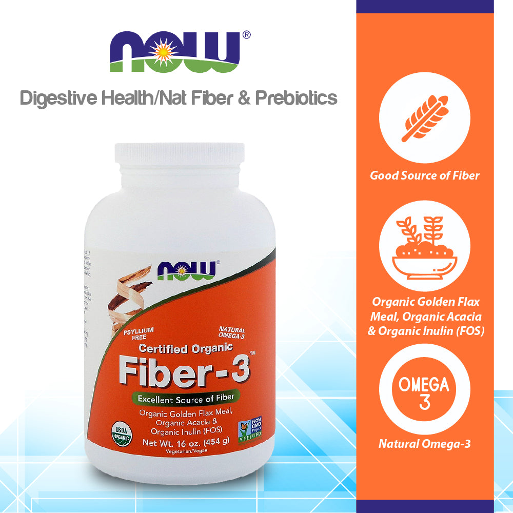 NOW Supplements, Fiber-3, Certified Organic, Non-GMO Project Verified, Psyllium Free, with Organic Golden Flax Meal, Acacia &amp; Inulin, 16-Ounce (454 g) Vitamins &amp; Supplements NOW Foods USA