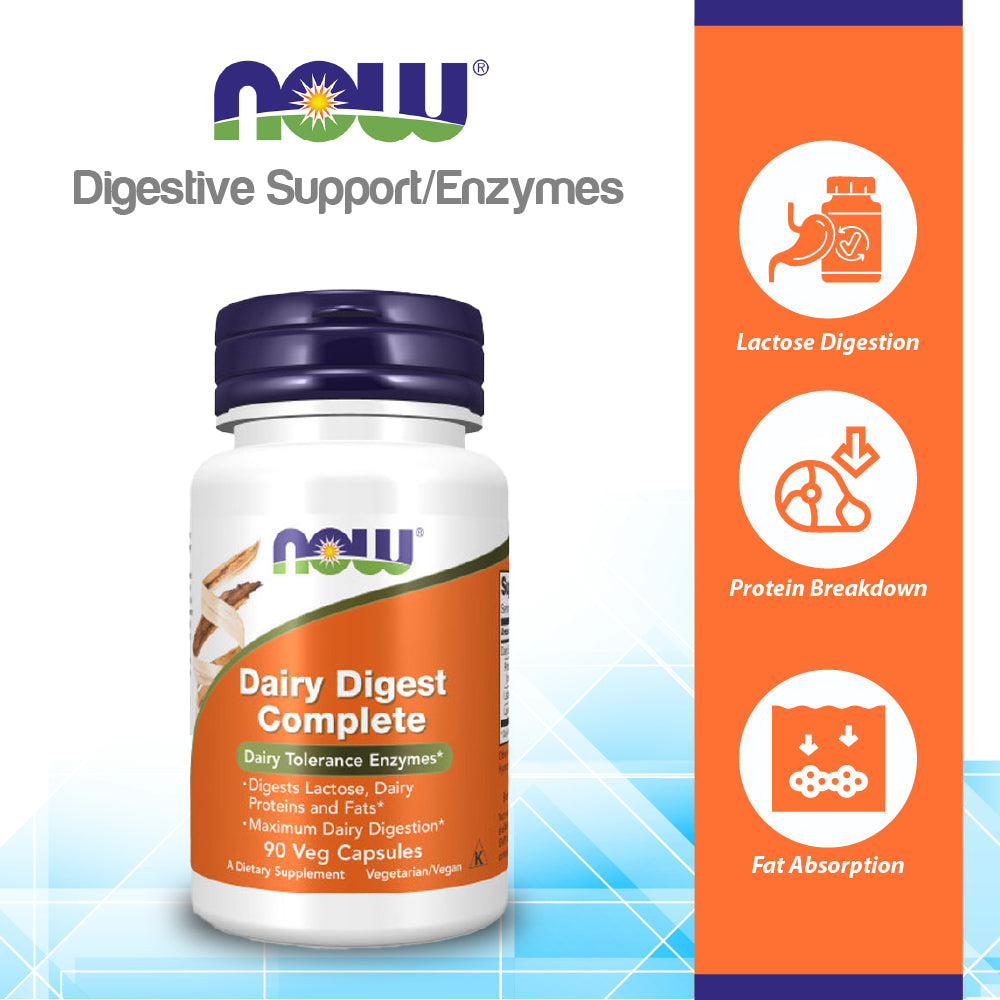 NOW Supplements, Dairy Digest Complete, Digests Lactose, Dairy Proteins and Fats*, Dairy Tolerance Enzymes*, 90 Veg Capsules Vitamins &amp; Supplements NOW Foods USA