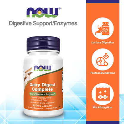 NOW Supplements, Dairy Digest Complete, Digests Lactose, Dairy Proteins and Fats*, Dairy Tolerance Enzymes*, 90 Veg Capsules Vitamins &amp; Supplements NOW Foods USA