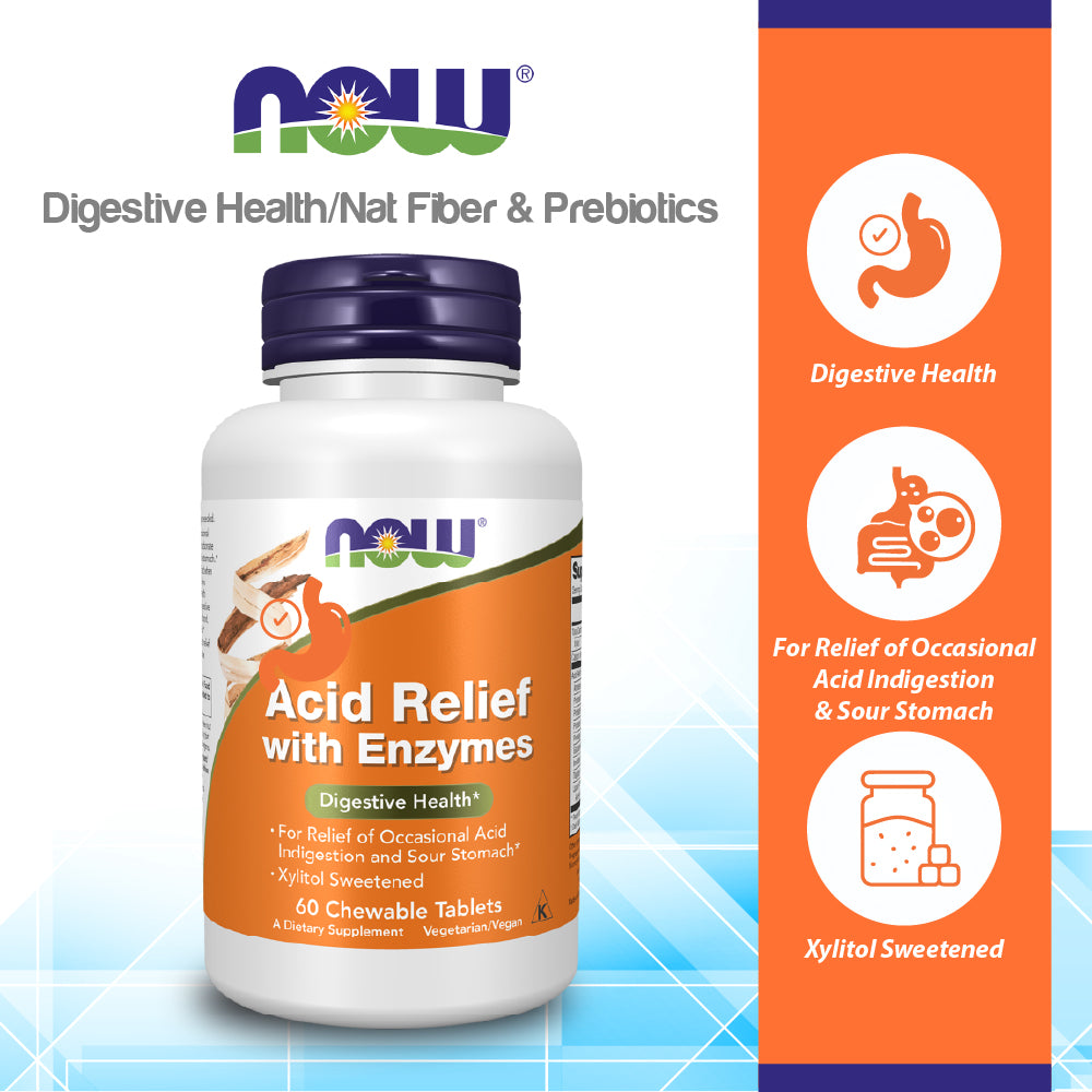 NOW Supplements, Acid Relief with Enzymes, Xylitol Sweetened, Digestive Health*, 60 Chewables Vitamins & Supplements NOW Foods USA