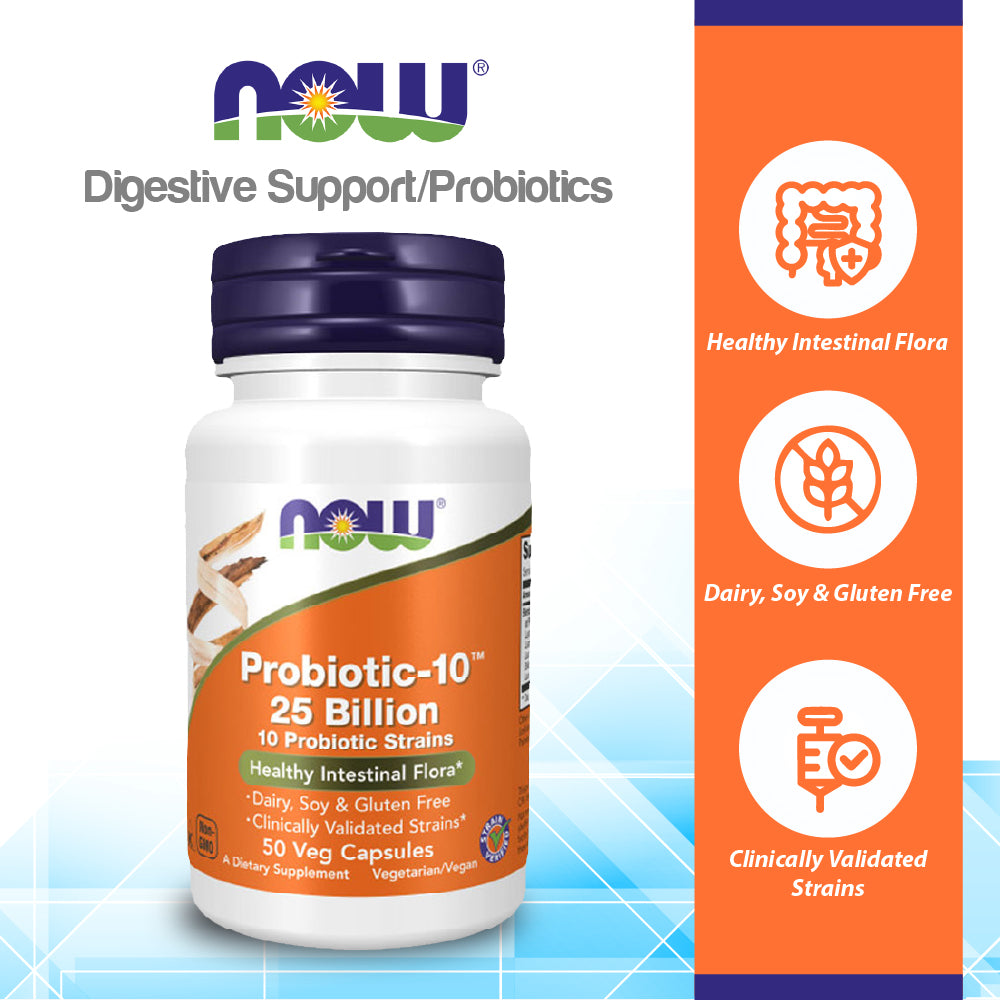 NOW Supplements, Probiotic-10™ 25 Billion, with 10 Probiotic Strains, Dairy, Soy and Gluten Free, Strain Verified, 50 Veg Capsules Vitamins & Supplements NOW Foods USA