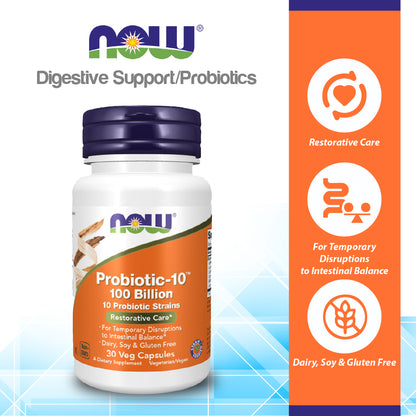 NOW Supplements, Probiotic-10™, 100 Billion, with 10 Probiotic Strains, Dairy, Soy and Gluten Free, Strain Verified, 30 Veg Capsules Vitamins &amp; Supplements NOW Foods USA