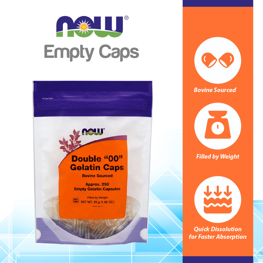 NOW Supplements, Empty Gelatin Capsules, Double &quot;00&quot;, Bovine Sourced, Filled by Weight, 250 Gel Capsules Vitamins &amp; Supplements NOW Foods USA