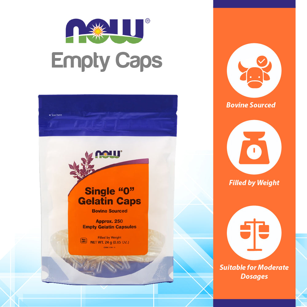 NOW Supplements, Empty Gelatin Capsules, Single &quot;0&quot;, Bovine Sourced, Filled by Weight, 250 Gel Capsules Vitamins &amp; Supplements NOW Foods USA